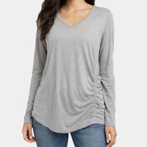 Gapfit V-Neck Cool Dry Long Sleeve Light Gray Tee With Ruched Side Ties Size M